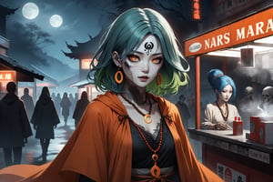 horror-themed {prompt} . eerie, unsettling, dark, spooky, suspenseful, grim, highly detailed, masterpiece, beautiful and aesthetic, ultra detail, intricate, 1female, solo, 45 years old, detailed character design, Asian, mysterious, (facial tattoo:1.2), ghostly eyes, crescent earrings, (medium hair disheveled, Split-color Hair, Deep Green Hair, Blue Hair), small body, full figure, deep orange poncho, bead_necklace, bead_bracelet, dynamic pose, outdoors, (standing in cigarettes stall:1.5), (men and women behind), night club street, night moon