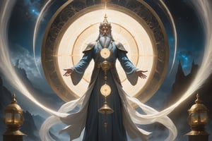 A regal figure stands at the epicenter of a swirling magnetic field, bathed in an ethereal glow. The god's imposing presence is underscored by his stately pose, feet shoulder-width apart, as he grasps four mystical artifacts: a staff, a compass, a bell, and a lantern.