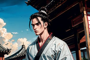 Masterpiece, best quality, detailed character design, UHD, (solo, 1male:1.5), 25 years old, a traditional Chinese physician, serene expression, manly, (wide jaw), (black, single hair bun:1.3), tall and lean, accurate body and hand anatomy, (hanfu, grey), elegant, ancient street in the background, outdoors, ancient China style,boichi manga style