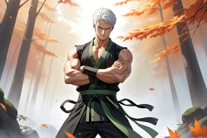 masterpiece, beautiful and aesthetic, ultra detail, intricate, 1male, solo, representation of the legendary martial artist, Roronoa Zoro features, detailed character design, (thinking expression, looking up), (white hair), exquisite body, strong abdominal muscles, (golden armlet:1.2), (black half gloves), black martial arts belt, (black Hanfu, sleeveless), black lace-up ankle brace, (crossed arms:1.5), dynamic pose, forests, mists, autumn leaves fluttering around