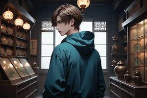 Dark Moody Atmosphere, {prompt}, dramatic, mysterious, dark moody atmosphere, masterpiece, beautiful and aesthetic, ultra detail, intricate, 1male, solo, 23 years old, detailed character design, delicate face, light green eyes, short brown hair, dark blue hooded, (full shot, looking back), dynamic pose, hand in pocket, in the Asian antique shop, indoors