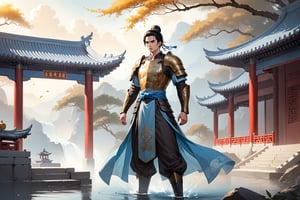 masterpiece, beautiful and aesthetic, ultra detail, intricate, (solo, 1male:1.5), 25 years old, detailed character design, Chinese mythology story, a heavenly guardian, serene expression, manly, bushy eyebrows, wide eyes, wide jaw, (black hair, a single hair bun), tall and lean, (Han Chinese clothing, armor, brown), full body, dynamic pose, standing, holding a book, creating a picturesque view of a heavenly palace, bathed in soft, ethereal light.