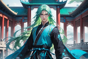 masterpiece, beautiful and aesthetic, ultra detail, intricate, solo, 1male, 25 years old, handsome, (long eyes, blue eyes), (long hair, Split-color Hair, Light Green Hair, Blue Hair), tall, (Han Chinese Clothing, black, flowing robe), full shot, dynamic pose, heroic stance, creating a picturesque view of a heavenly palace, bathed in soft and ethereal light.