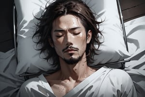 Dark Moody Atmosphere, {prompt}, dramatic, mysterious, dark moody atmosphere, masterpiece, beautiful and aesthetic, ultra detail, intricate, 1male, solo, 45 years old, Asian, detailed character design, freckles on face, death expression, light green skin, closed eyes, Vandyke beard, (short dark brown hair:1.5), (thin body:1.5), white cloths, (from above:1.5), lying on a white stretcher