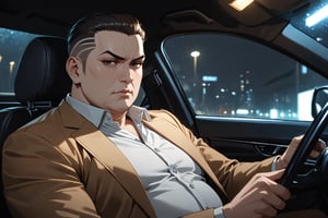 masterpiece, beautiful and aesthetic, ultra detail, intricate, detailed character design, 1man, solo, 45 years old, boss, lascivious, (domineering expression), black small eyes, (slicked back undercut, black), (fat body, fat face), brown suit, white shirt, (holding steering wheel), sitting in the driver's seat, in the sports car, dark windshield, black interior, at night 