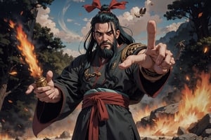 Chinese mythology story, solo, 1man, forty years old, long black hair, two beards, aqua Taoist robe, thin and tall, fury, finger point to people, boichi manga style