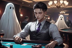 horror-themed {prompt} . eerie, unsettling, dark, spooky, suspenseful, grim, highly detailed, masterpiece, beautiful and aesthetic, ultra detail, intricate, 1male, solo, 23 years old, detailed character design, delicate face, a look of confidence, smirk, closed eyes, (dark hair, Classic Undercut), silver waistcoat, purple shirt, deep blue tie, (cigar in mouth), on card table, (straight on:1.1), (a female ghost whisper to him:1.5), in the casino 