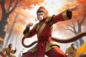 masterpiece, beautiful and aesthetic, ultra detail, intricate, 1male, solo, Monkey King, (monkey features:1.5), detailed character design, red hafu, golden armor, (spread hands), dynamic pose, Chinese martial arts animation style, (monkeys behind:1.5), outdoors, autumn leaves fluttering around, woods