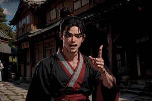 Masterpiece, best quality, detailed character design, UHD, (solo, 1male:1.5), 25 years old, a traditional Chinese physician, laugh, manly, (wide jaw), (black, single hair bun:1.3), tall and lean, accurate body and hand anatomy, four fingers and a thumb, (hanfu, grey), (begging), ancient street in the background, outdoors, ancient China style, boichi manga style