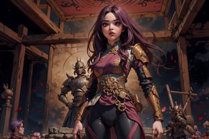 masterpiece, best quality, ultra detailed, UHD, detailed character design, In Chinese mythology, solo, 1girl, beauty, detailed face, delicate features, a look of determination, big eyes, pink lips, long curly hair, purple hair, tall and thin, (accurate body and hand anatomy), general, power armor, low view, dynamic pose, heroic stance, command the armies, standing on the podium, training scene, ancient China style, boichi manga style