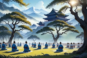 In a majestic landscape, set against a backdrop of misty mountains and ancient trees, the Trial Field unfolds like a canvas of wonder. Eighteen deities from Chinese mythology stand poised, their regal attire embroidered with intricate silk threads, as they prepare to face the ultimate challenges. Soft morning light casts long shadows across the grassy terrain, illuminating the subtle nuances of their determined postures. The air is heavy with anticipation as they ready themselves for the literary and martial arts tests that will prove their worth.