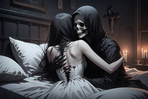 horror-themed {prompt} . eerie, unsettling, dark, spooky, suspenseful, grim, highly detailed, masterpiece, beautiful and aesthetic, ultra detail, intricate, a couple cuddling on the bed, in dark bedroom, detailed character design, (from behind:1.5), 