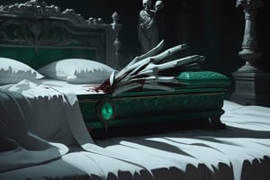 A macabre masterpiece unfolds in a dark, moody atmosphere. A stunningly lit scene reveals a pair of severed hands, laid out carelessly on a pristine white bed. The stark contrast between the pure linens and the gruesome hands creates a visually striking juxtaposition. In the background, a small, ornate jewelry box with intricate carvings sits atop a dark green hand, as if it's holding court over the morbid scene. The overall aesthetic is one of eerie beauty, with an air of mystery and foreboding that draws the viewer in.