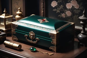 Dark Moody Atmosphere, {prompt}, dramatic, mysterious, dark moody atmosphere, masterpiece, beautiful and aesthetic, ultra detail, intricate, (a delicate jewelry case, deep green), on antique table, (close up), in the Asian second-hand goods shop, indoors