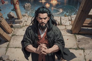 Chinese mythology story, solo, 1man, forty years old, long black hair, two beards, aqua Taoist robe, thin and tall, his expression filled with awe, ask for instructions from God, with hands clasped together, (from above), boichi manga style