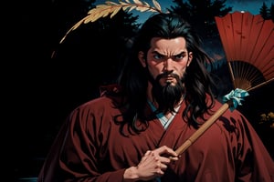Chinese mythology story, solo, 1man, forty years old, long black hair, two beards, aqua Taoist robe, holding a feather fan, thin and tall, (a look of shame, blush), people background, boichi manga style