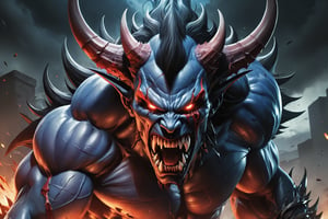 In a vivid anime-style illustration, a 6-demon masterpiece stands tall, exuding an aura of evil intensity. The ultra-high resolution (UHD) artwork features a fierce expression on its scar-faced visage, with ghostly eyes seeming to pierce through the darkness. A mouth full of sharp teeth forms a monstrous maw, as if ready to devour all in its path. Muscular and flesh-like, the mutant's body is marred by gruesome guiverring tumors, adding to its unholy appearance. In a dynamic pose, the creature embodies the spirit of the wild, set against a battlefield scene bathed in dramatic lighting. Vibrant colors and action-packed energy fill every frame, evoking the intensity of a fighting game.