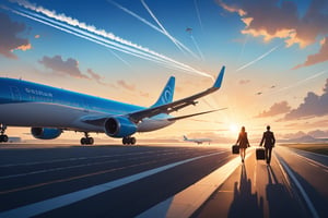 In the soft focus of a whimsical dreamscape, a couple meanders down the winding road, their worn luggage trailing behind like wispy tendrils. The warm glow of sunset casts long shadows, as they carry their burdens towards the distant airport terminal. Above, a majestic plane soars through the cerulean sky, its contrails weaving a delicate pattern of white against the deep blue horizon.