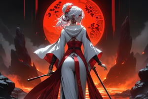 masterpiece, beautiful and aesthetic, ultra detail, intricate, 1female, 40 years old, detailed character design, sorceress, mysterious, (a red mole on forehead:1.2), red eyes, hoop earrings, (medium hair, traditional Chinese updo, Split-color Hair, white Hair, red Hair), hair flower, bangle, short stature, hooded cloak, (Taoist robe, pants, orange), cane, (from behind:1.5), dynamic pose, her hands crackling with arcane energy, standing on lava, smokey, mysterious colorful, magic effect, in heavenly palace