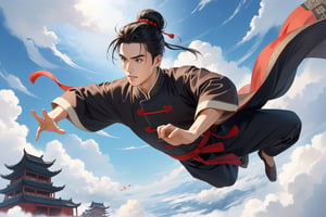 masterpiece, beautiful and aesthetic, ultra detail, intricate, solo, 1male, 25 years old, detailed character design, manly, bushy eyebrows, wide eyes, wide jaw, (black hair, a single hair bun), tall and lean, (Han Chinese clothing, brown), (from below), dynamic pose, action-packed, (jump down from clouds), clouds, in the sky