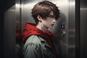 Dark Moody Atmosphere, {prompt}, dramatic, mysterious, dark moody atmosphere, masterpiece, beautiful and aesthetic, ultra detail, intricate, 1male, solo, 23 years old, detailed character design, delicate face, (Puzzled expression), light green eyes, short brown hair, deep red hooded, jeans, from side, dynamic pose, standing in the elevator 