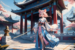 masterpiece, beautiful and aesthetic, ultra detail, intricate, solo, (1female, Pig features, Pig ears), detailed character design, smile sweetly, light pink skin, silver hafu, wide sleeves, blue long skirt, she holding a long stick, (front view:1.5), dynamic pose, Chinese martial arts animation style, outdoors, heavenly palace, countless palaces