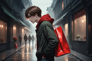 Dark Moody Atmosphere, {prompt}, dramatic, mysterious, dark moody atmosphere, masterpiece, beautiful and aesthetic, ultra detail, intricate, 1male, solo, 23 years old, detailed character design, delicate face, light green eyes, short brown hair, deep red hooded, jeans, (side view:1.5), dynamic pose, (carry a gift bag), walking on the street