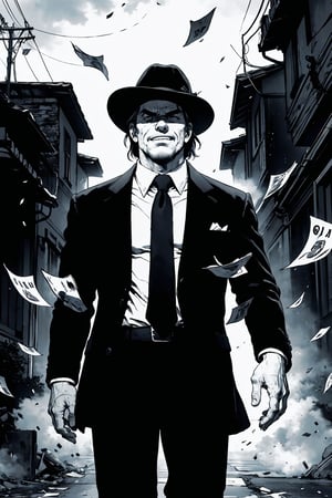 A cinematic shot in moody greyscale, reminiscent of Boichi's distinctive manga flair. A rugged Italian mafia member stands against a gritty cityscape, his worn suit and fedora a testament to his hard-boiled persona. With a sly grin, he flings a handful of cash into the air, the bills fluttering like confetti in the faint, misty light of dawn. Shadows dance across his weathered face, a masterpiece of dark elegance.