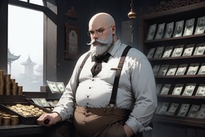 Dark Moody Atmosphere, {prompt}, dramatic, mysterious, dark moody atmosphere, masterpiece, beautiful and aesthetic, ultra detail, intricate, 1male, solo, old hipster, detailed character design, unhappy expression, monocle, white Squared beard, bald, short and fat, white shirt, (brown pants, a pair of suspenders), (side view:1.5), counting cash, counter, in the Asian antique shop, indoors