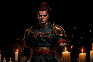 A serene and mystical atmosphere unfolds in a dimly lit, ancient China-inspired setting. Softly glowing candles and wisps of smoky incense waft through the air, carried by the gentle breeze. In the foreground, a majestic warrior stands tall, dressed in traditional boichi-style armor, adorned with intricate designs and symbols. The sandalwood-colored wooden screen behind him appears worn and weathered, bearing the patina of centuries past.