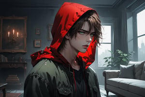 Dark Moody Atmosphere, {prompt}, dramatic, mysterious, dark moody atmosphere, masterpiece, beautiful and aesthetic, ultra detail, intricate, 1male, solo, 23 years old, detailed character design, delicate face, (fear expression), light green eyes, short brown hair, deep red hooded, jeans, side view, dynamic pose, (creep:1.5), in the living room, dirty, messy