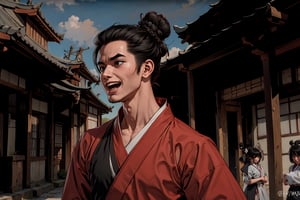 Masterpiece, best quality, detailed character design, UHD, (solo, 1male:1.5), 25 years old, a traditional Chinese physician, glad, laugh, manly, (wide jaw), (black, single hair bun:1.5), tall and lean, (accurate body and hand anatomy), (hanfu, grey), ancient street in the background, outdoors, ancient China style, boichi manga style