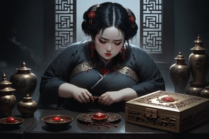 Dark Moody Atmosphere, {prompt}, dramatic, mysterious, dark moody atmosphere, masterpiece, beautiful and aesthetic, ultra detail, intricate, describes an ancient Chinese mother, fat, looking at the closed jewelry box on the table and worrying. Displeased face