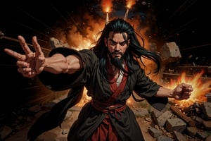 Chinese mythology story, solo, 1man, forty years old, long black hair, two beards, (accurate body and hand anatomy), aqua Taoist robe, thin and tall, fly into a rage, dynamic pose, bold gestures , (pushing), action-packed, (straigh on), boichi manga style