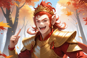 masterpiece, beautiful and aesthetic, ultra detail, intricate, 1male, solo, Monkey King, (monkey features:1.5), detailed character design, (proud expression), (smile open mouth), red hafu, golden armor, (a finger point to the sky:1.5), outdoors, autumn leaves fluttering around, woods