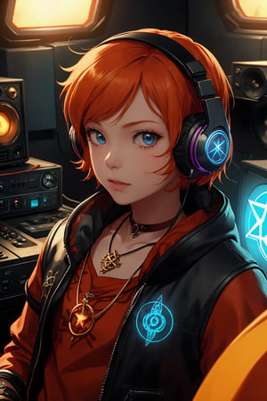 exquisite details and texture, detailed face, anatomy correct, best quality, ultra detailed, photorealistic, ((cinematic scenic view of 1 boy, sunglasses)), short hair, orange hair, wore a pair of headphones, red colored robe, cool, flame tattoos, flame pentagram necklace. He was a radio DJ, playing music in a tiny radio studio, front view, upper body, Cyberpunk style