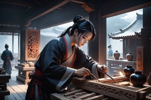 Dark Moody Atmosphere, {prompt}, dramatic, mysterious, dark moody atmosphere, masterpiece, beautiful and aesthetic, ultra detail, intricate, describes a carpenter who concentrates on making wood carvings in a wood crafts shop, Hanfu, ancient times China,