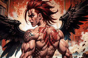 In Chinese mythology, solo, 1male, monster, dishevelled hair, dark red hair, cyan face, fangs, fat lips, wide mouth, strong, muscular, short, (wing), evil, tattooed all over, (look back, from back:1.2), ancient China style, boichi manga style