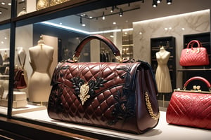 masterpiece, beautiful and aesthetic, ultra detail, intricate, detailed character design, (luxury leather purses:1.5), display on shopwindow, in luxury shop, Europe