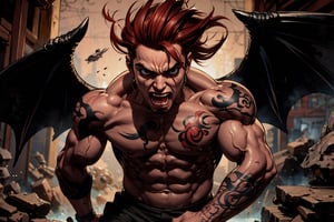 In Chinese mythology, solo, 1male, monster, dishevelled hair, dark red hair, cyan face, fangs, fat lips, wide mouth, strong, muscular, short, (wing), evil, tattooed all over, full bady, (hold up a token:1.2), ancient China style, boichi manga style