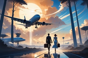 In this enigmatic dreamscape, a couple's silhouettes are captured from behind as they stroll along a winding road, luggage in tow, bound for the airport. Against the vast blue expanse, a plane soars overhead, its contrails whispering secrets to the clouds. The evening sun casts a warm, golden glow upon their figures, shrouded in an aura of mystery and anticipation. Every detail - from the wispy trees to the distant runway lights - is rendered with surreal precision, transporting the viewer into this dreamy, ethereal world.