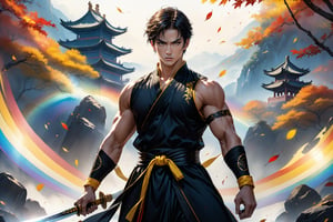 
masterpiece, beautiful and aesthetic, ultra detail, intricate, 1male, solo, representation of the legendary martial artist, detailed character design, serious expression, (long eyes), (short hair, rainbow color), exquisite body, strong abdominal muscles, golden armlet, yellow wristband, black half gloves, black martial arts belt, (black hanfu, sleeveless), black lace-up ankle brace, holding a shiny broadsword, dynamic pose, he stands tall and resolute, exuding an air of strength and unwavering determination. Chinese martial arts animation style, autumn leaves fluttering around, Inspired by Chinese mythology story