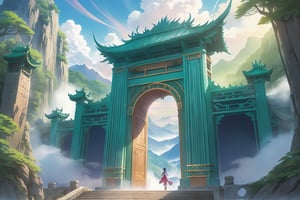 In this breathtaking anime key visual, the majestic dragon-adorned gates rise from the misty mountain pass, their imposing grandeur illuminated by a soft, ethereal glow seeping through the intricately carved slats. Vibrant hues of emerald and sapphire dance across the scene as the morning sun casts a warm, golden light upon the ancient doors, while delicate wisps of fog swirl at their base, adding an air of mystique to this stunning, highly detailed studio anime artwork.