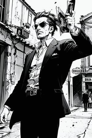 boichi manga style, monochrome, greyscale, an italian mafia member throwing out a handful of money, ((masterpiece))