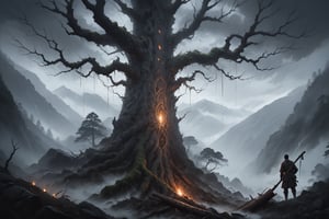 Dark Moody Atmosphere, {prompt}, dramatic, mysterious, dark moody atmosphere, masterpiece, beautiful and aesthetic, ultra detail, intricate, describes a giant woodcutter cutting down a tree full of spiritual energy, deep in the misty mountains.