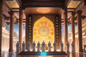 A majestic shot of the Celestial Realm, with divine light illuminating a grand hall. Ten Guardian Elders, resplendent in ancient robes, stand majestically around a pedestal. Before them lies an ornate four-color treasure box, adorned with intricate carvings and symbols. Each elder holds ten smaller boxes, reflecting the harmony of the universe.