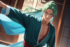 (2D anime style:1.5), masterpiece, beautiful and aesthetic, ultra detail, intricate, solo, 1male, 25 years old, handsome, (long eyes, blue eyes), (long hair, Split-color Hair, Light Green Hair, Blue Hair), tall, Han Chinese Clothing, (flowing robe, dark green robe), (upper body), dynamic pose, heroic stance, creating a picturesque view of a heavenly palace, bathed in soft and ethereal light.