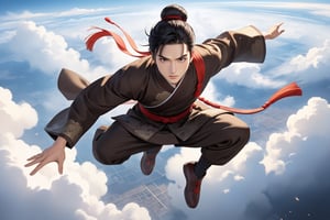 masterpiece, beautiful and aesthetic, ultra detail, intricate, solo, 1male, 25 years old, detailed character design, manly, bushy eyebrows, wide eyes, wide jaw, (black hair, a single hair bun), tall and lean, (Han Chinese clothing, brown), (from above), dynamic pose, action-packed, (jump down from clouds:1.5), clouds, in the sky