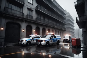 Dark Moody Atmosphere, {prompt}, dramatic, mysterious, dark moody atmosphere, masterpiece, beautiful and aesthetic, ultra detail, intricate, cinematic scenic view of apartment building, a police car and ambulance parked outside the door of the building, dirty, messy, old, daytime