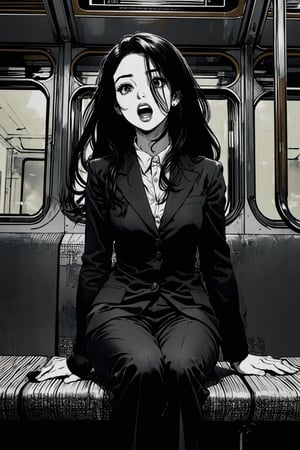 Boichi manga style, monochrome, greyscale, solo, a young lady, long hair, trouser suit, she was sitting in the train compartment, surprised eyes, open mouth, a finger point to the ground, ((masterpiece))